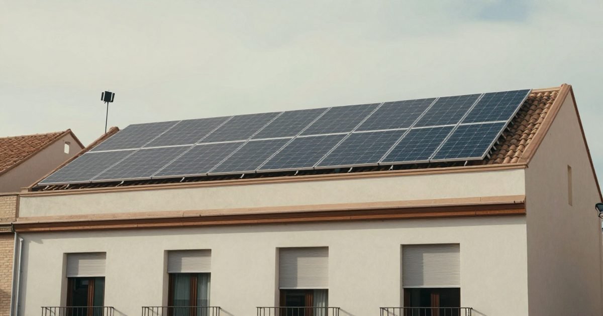Fachada de un edificio con placas solares en la azotea