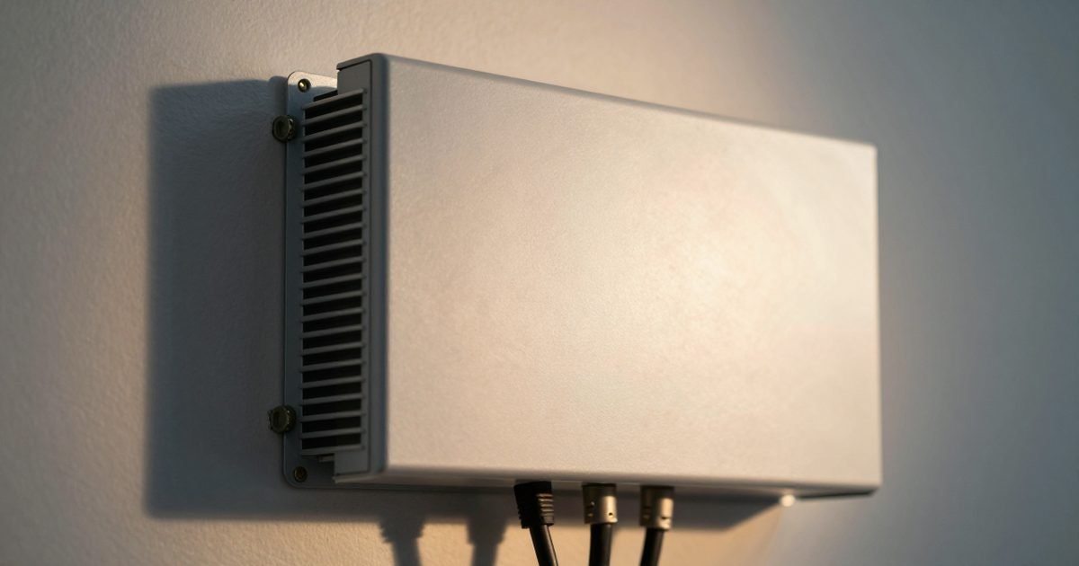 Detalle del disipador y las conexiones de un inversor solar