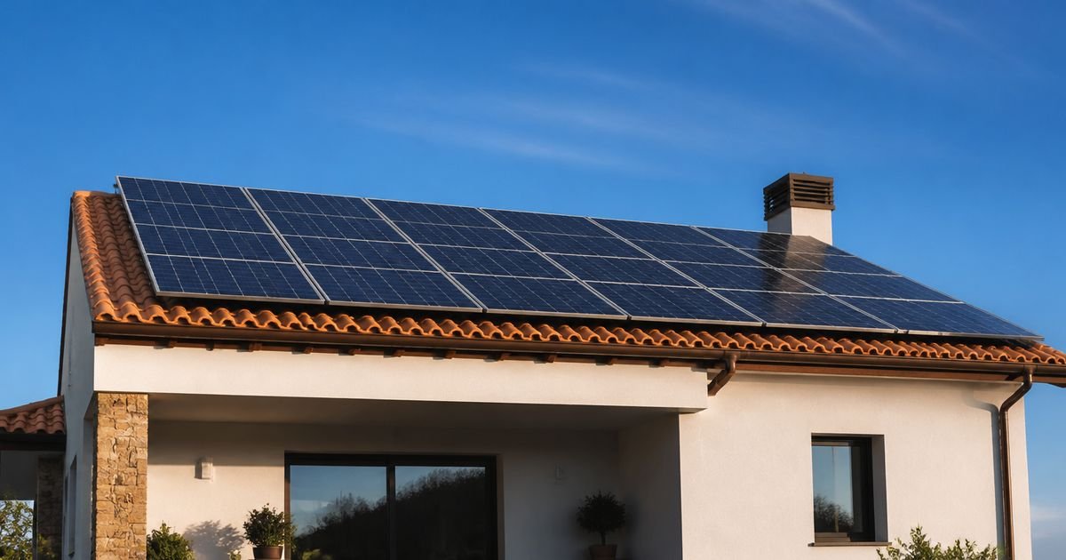 Placas solares instaladas sobre el tejado de una vivienda