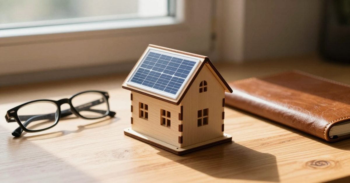 Maqueta de una casa con una placa solar sobre una mesa
